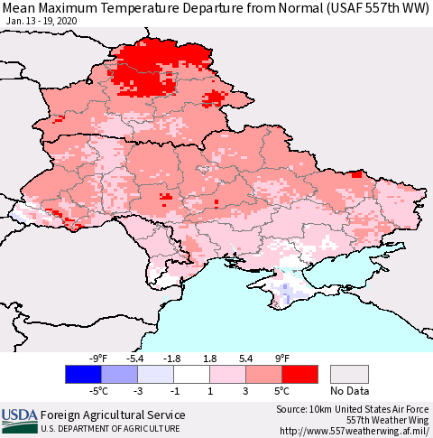 Ukraine, Moldova and Belarus Mean Maximum Temperature Departure from Normal (USAF 557th WW) Thematic Map For 1/13/2020 - 1/19/2020