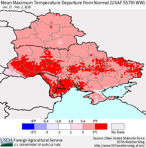 Ukraine, Moldova and Belarus Mean Maximum Temperature Departure from Normal (USAF 557th WW) Thematic Map For 1/27/2020 - 2/2/2020