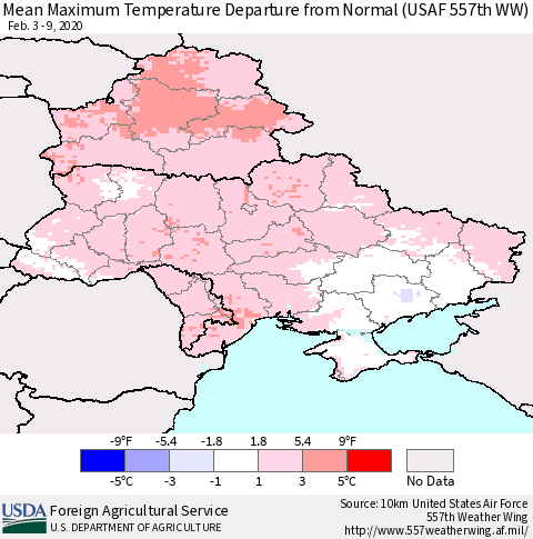 Ukraine, Moldova and Belarus Mean Maximum Temperature Departure from Normal (USAF 557th WW) Thematic Map For 2/3/2020 - 2/9/2020