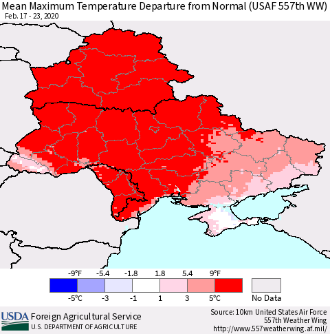 Ukraine, Moldova and Belarus Mean Maximum Temperature Departure from Normal (USAF 557th WW) Thematic Map For 2/17/2020 - 2/23/2020