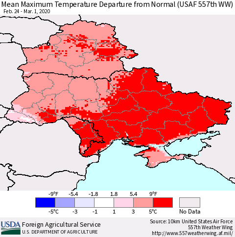 Ukraine, Moldova and Belarus Mean Maximum Temperature Departure from Normal (USAF 557th WW) Thematic Map For 2/24/2020 - 3/1/2020