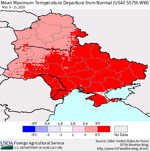 Ukraine, Moldova and Belarus Mean Maximum Temperature Departure from Normal (USAF 557th WW) Thematic Map For 3/9/2020 - 3/15/2020