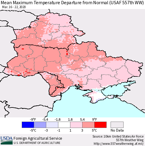 Ukraine, Moldova and Belarus Mean Maximum Temperature Departure from Normal (USAF 557th WW) Thematic Map For 3/16/2020 - 3/22/2020