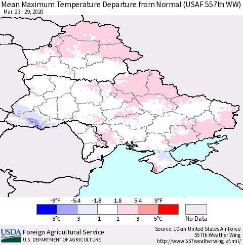 Ukraine, Moldova and Belarus Mean Maximum Temperature Departure from Normal (USAF 557th WW) Thematic Map For 3/23/2020 - 3/29/2020