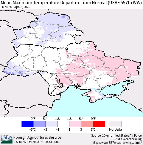 Ukraine, Moldova and Belarus Mean Maximum Temperature Departure from Normal (USAF 557th WW) Thematic Map For 3/30/2020 - 4/5/2020
