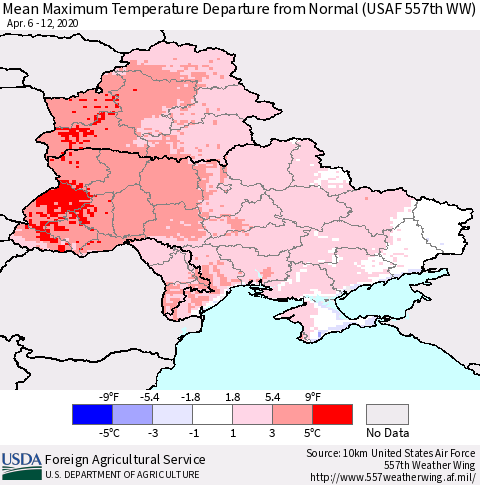 Ukraine, Moldova and Belarus Mean Maximum Temperature Departure from Normal (USAF 557th WW) Thematic Map For 4/6/2020 - 4/12/2020