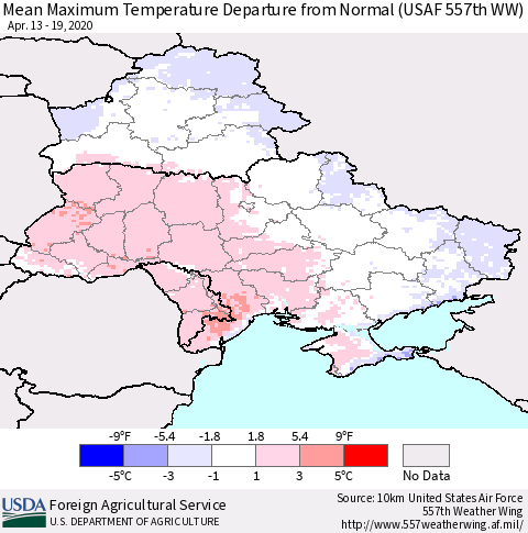 Ukraine, Moldova and Belarus Maximum Temperature Departure From Normal (USAF 557th WW) Thematic Map For 4/13/2020 - 4/19/2020