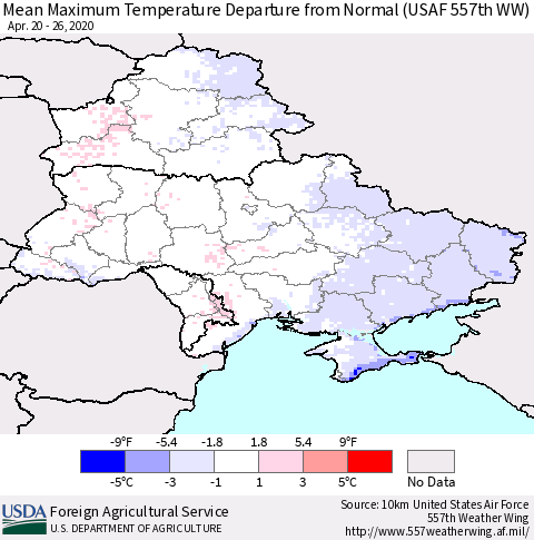 Ukraine, Moldova and Belarus Mean Maximum Temperature Departure from Normal (USAF 557th WW) Thematic Map For 4/20/2020 - 4/26/2020