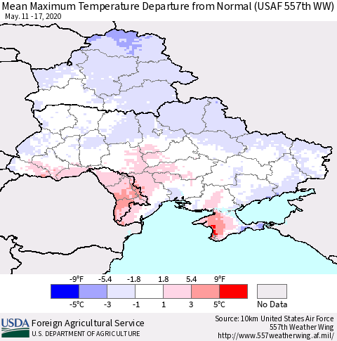 Ukraine, Moldova and Belarus Maximum Temperature Departure From Normal (USAF 557th WW) Thematic Map For 5/11/2020 - 5/17/2020
