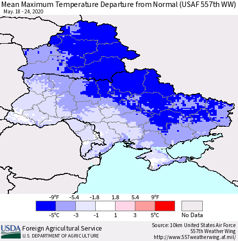 Ukraine, Moldova and Belarus Mean Maximum Temperature Departure from Normal (USAF 557th WW) Thematic Map For 5/18/2020 - 5/24/2020