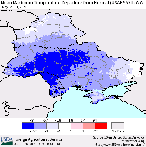 Ukraine, Moldova and Belarus Mean Maximum Temperature Departure from Normal (USAF 557th WW) Thematic Map For 5/25/2020 - 5/31/2020