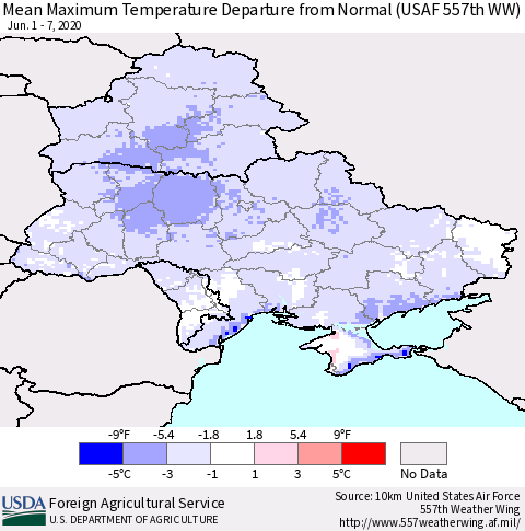 Ukraine, Moldova and Belarus Mean Maximum Temperature Departure from Normal (USAF 557th WW) Thematic Map For 6/1/2020 - 6/7/2020