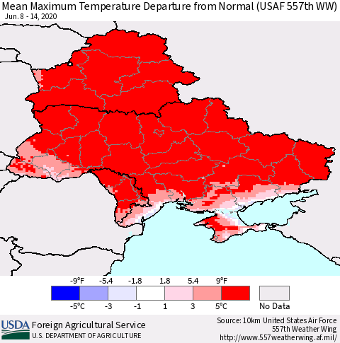 Ukraine, Moldova and Belarus Maximum Temperature Departure From Normal (USAF 557th WW) Thematic Map For 6/8/2020 - 6/14/2020
