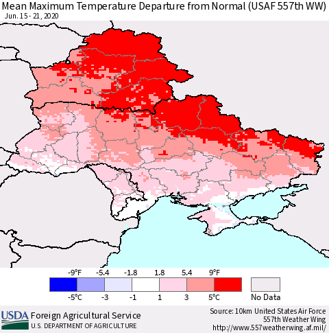 Ukraine, Moldova and Belarus Maximum Temperature Departure From Normal (USAF 557th WW) Thematic Map For 6/15/2020 - 6/21/2020