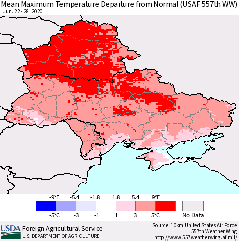 Ukraine, Moldova and Belarus Maximum Temperature Departure From Normal (USAF 557th WW) Thematic Map For 6/22/2020 - 6/28/2020