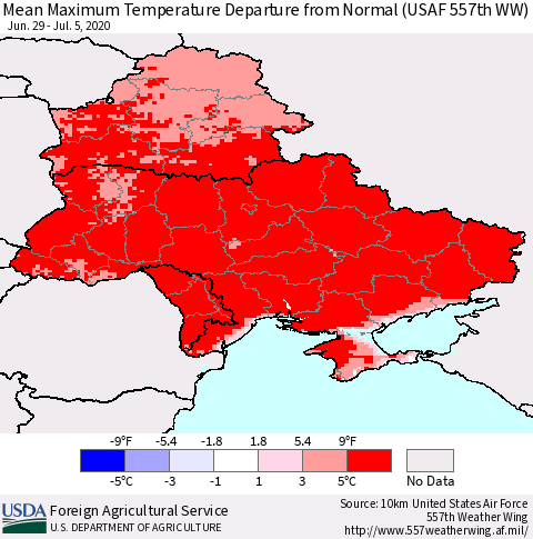 Ukraine, Moldova and Belarus Mean Maximum Temperature Departure from Normal (USAF 557th WW) Thematic Map For 6/29/2020 - 7/5/2020