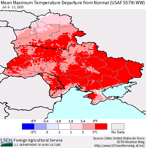 Ukraine, Moldova and Belarus Mean Maximum Temperature Departure from Normal (USAF 557th WW) Thematic Map For 7/6/2020 - 7/12/2020