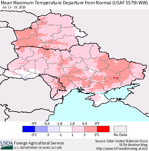 Ukraine, Moldova and Belarus Maximum Temperature Departure From Normal (USAF 557th WW) Thematic Map For 7/13/2020 - 7/19/2020