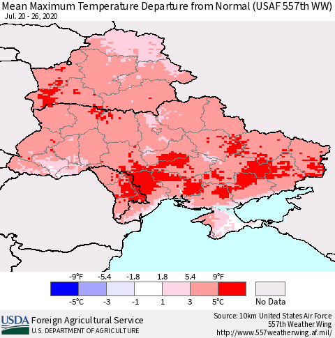 Ukraine, Moldova and Belarus Maximum Temperature Departure From Normal (USAF 557th WW) Thematic Map For 7/20/2020 - 7/26/2020