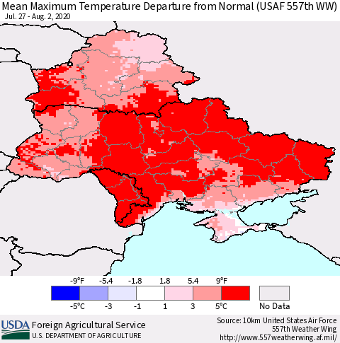 Ukraine, Moldova and Belarus Maximum Temperature Departure From Normal (USAF 557th WW) Thematic Map For 7/27/2020 - 8/2/2020