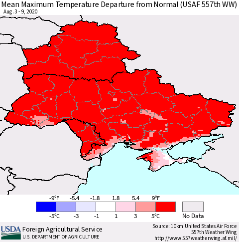 Ukraine, Moldova and Belarus Mean Maximum Temperature Departure from Normal (USAF 557th WW) Thematic Map For 8/3/2020 - 8/9/2020