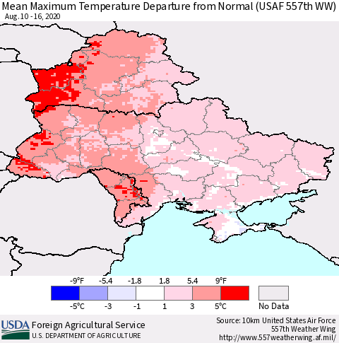 Ukraine, Moldova and Belarus Maximum Temperature Departure From Normal (USAF 557th WW) Thematic Map For 8/10/2020 - 8/16/2020