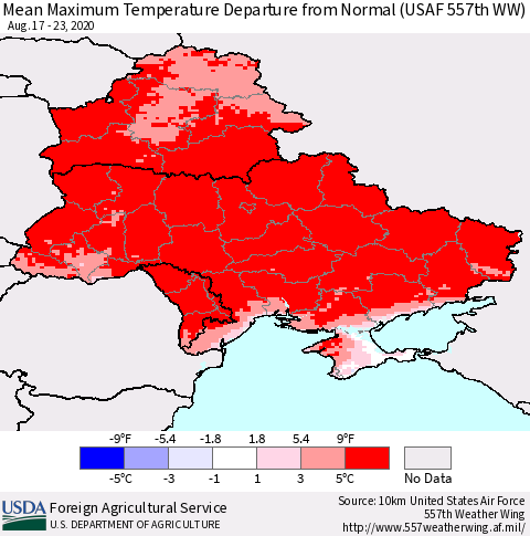 Ukraine, Moldova and Belarus Mean Maximum Temperature Departure from Normal (USAF 557th WW) Thematic Map For 8/17/2020 - 8/23/2020