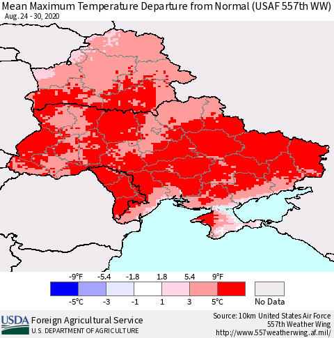 Ukraine, Moldova and Belarus Mean Maximum Temperature Departure from Normal (USAF 557th WW) Thematic Map For 8/24/2020 - 8/30/2020