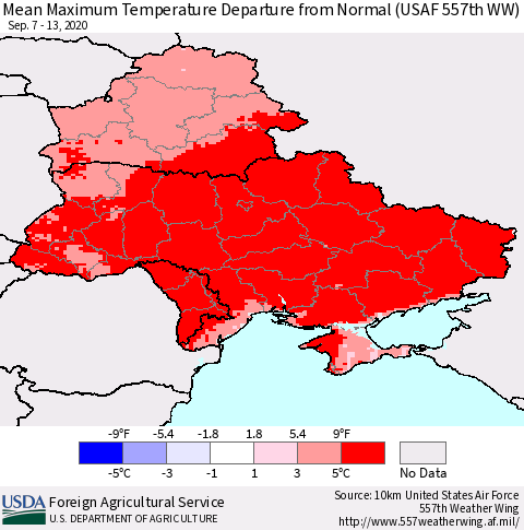 Ukraine, Moldova and Belarus Mean Maximum Temperature Departure from Normal (USAF 557th WW) Thematic Map For 9/7/2020 - 9/13/2020