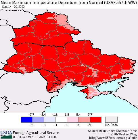 Ukraine, Moldova and Belarus Mean Maximum Temperature Departure from Normal (USAF 557th WW) Thematic Map For 9/14/2020 - 9/20/2020