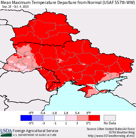 Ukraine, Moldova and Belarus Mean Maximum Temperature Departure from Normal (USAF 557th WW) Thematic Map For 9/28/2020 - 10/4/2020