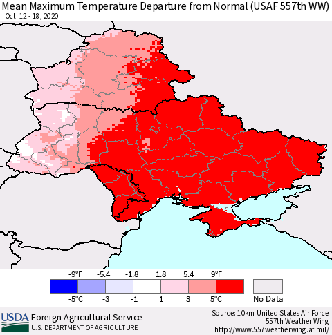 Ukraine, Moldova and Belarus Mean Maximum Temperature Departure from Normal (USAF 557th WW) Thematic Map For 10/12/2020 - 10/18/2020