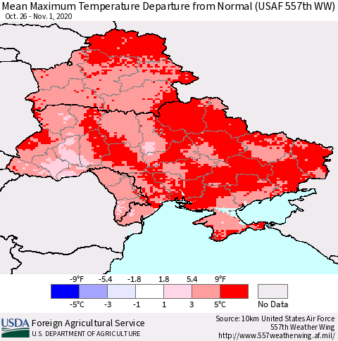 Ukraine, Moldova and Belarus Mean Maximum Temperature Departure from Normal (USAF 557th WW) Thematic Map For 10/26/2020 - 11/1/2020