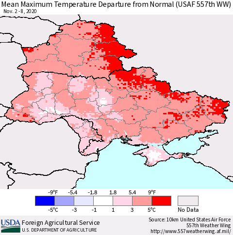 Ukraine, Moldova and Belarus Mean Maximum Temperature Departure from Normal (USAF 557th WW) Thematic Map For 11/2/2020 - 11/8/2020