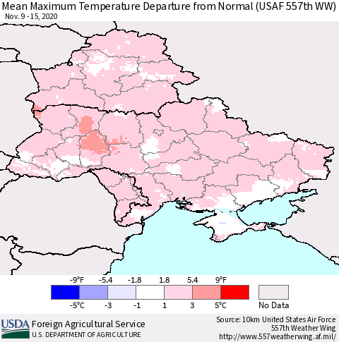 Ukraine, Moldova and Belarus Mean Maximum Temperature Departure from Normal (USAF 557th WW) Thematic Map For 11/9/2020 - 11/15/2020