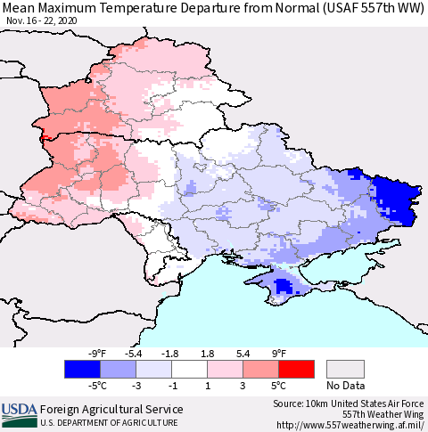 Ukraine, Moldova and Belarus Mean Maximum Temperature Departure from Normal (USAF 557th WW) Thematic Map For 11/16/2020 - 11/22/2020