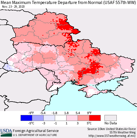 Ukraine, Moldova and Belarus Mean Maximum Temperature Departure from Normal (USAF 557th WW) Thematic Map For 11/23/2020 - 11/29/2020