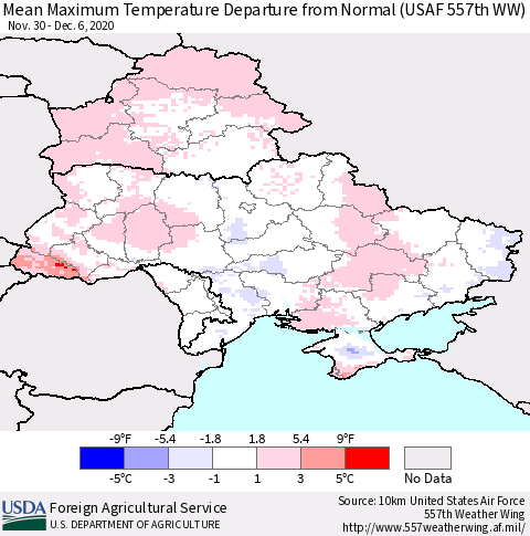 Ukraine, Moldova and Belarus Mean Maximum Temperature Departure from Normal (USAF 557th WW) Thematic Map For 11/30/2020 - 12/6/2020