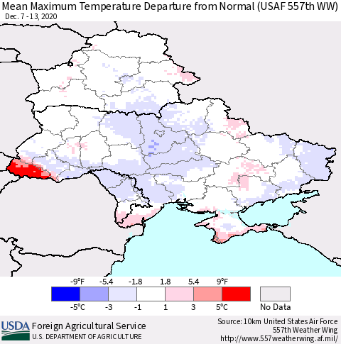 Ukraine, Moldova and Belarus Maximum Temperature Departure From Normal (USAF 557th WW) Thematic Map For 12/7/2020 - 12/13/2020