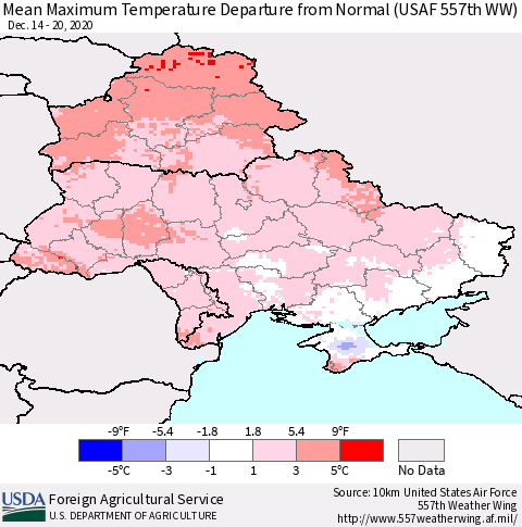 Ukraine, Moldova and Belarus Mean Maximum Temperature Departure from Normal (USAF 557th WW) Thematic Map For 12/14/2020 - 12/20/2020