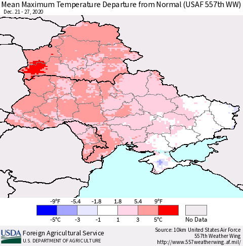 Ukraine, Moldova and Belarus Maximum Temperature Departure From Normal (USAF 557th WW) Thematic Map For 12/21/2020 - 12/27/2020