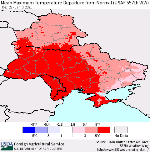 Ukraine, Moldova and Belarus Mean Maximum Temperature Departure from Normal (USAF 557th WW) Thematic Map For 12/28/2020 - 1/3/2021