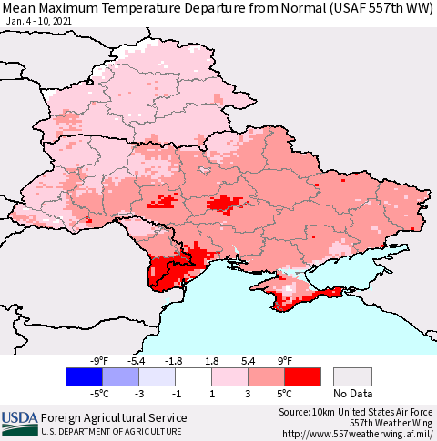 Ukraine, Moldova and Belarus Mean Maximum Temperature Departure from Normal (USAF 557th WW) Thematic Map For 1/4/2021 - 1/10/2021