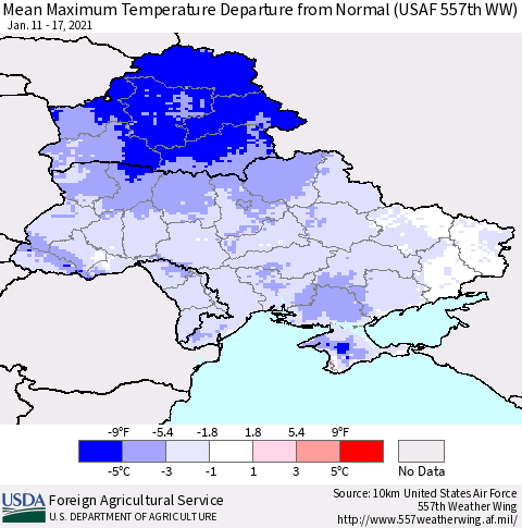 Ukraine, Moldova and Belarus Mean Maximum Temperature Departure from Normal (USAF 557th WW) Thematic Map For 1/11/2021 - 1/17/2021