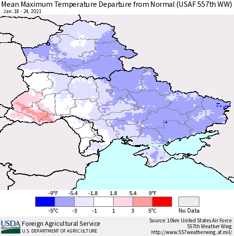 Ukraine, Moldova and Belarus Maximum Temperature Departure From Normal (USAF 557th WW) Thematic Map For 1/18/2021 - 1/24/2021