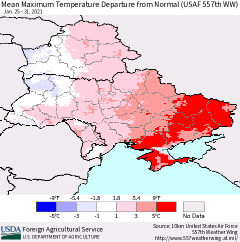 Ukraine, Moldova and Belarus Maximum Temperature Departure From Normal (USAF 557th WW) Thematic Map For 1/25/2021 - 1/31/2021
