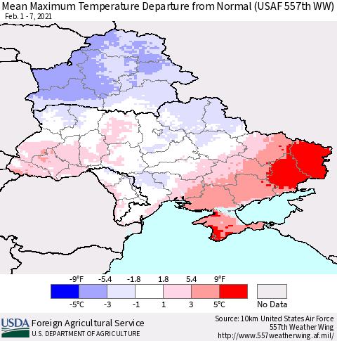 Ukraine, Moldova and Belarus Mean Maximum Temperature Departure from Normal (USAF 557th WW) Thematic Map For 2/1/2021 - 2/7/2021