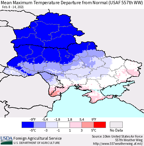 Ukraine, Moldova and Belarus Mean Maximum Temperature Departure from Normal (USAF 557th WW) Thematic Map For 2/8/2021 - 2/14/2021