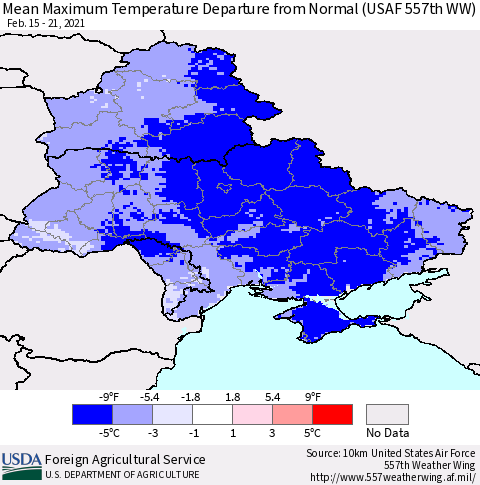 Ukraine, Moldova and Belarus Mean Maximum Temperature Departure from Normal (USAF 557th WW) Thematic Map For 2/15/2021 - 2/21/2021