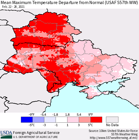Ukraine, Moldova and Belarus Mean Maximum Temperature Departure from Normal (USAF 557th WW) Thematic Map For 2/22/2021 - 2/28/2021